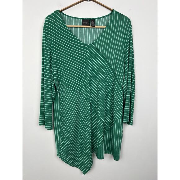 Chicos Travelers Top 2 Large Slinky Knit Green Stripe 3/4 Sleeve Asymmetric - Picture 1 of 7